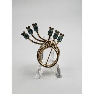 Vintage 1950s rhinestone spray brooch teal oval stones retro modern